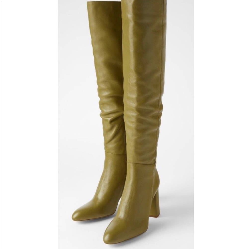 ZARA GREEN LEATHER HIGH HEEL BOOTS BLOGGERS FAV size 6